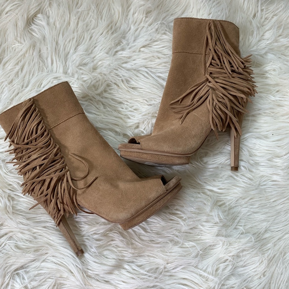 BCBGeneration Tan Fringe Ankle Booties